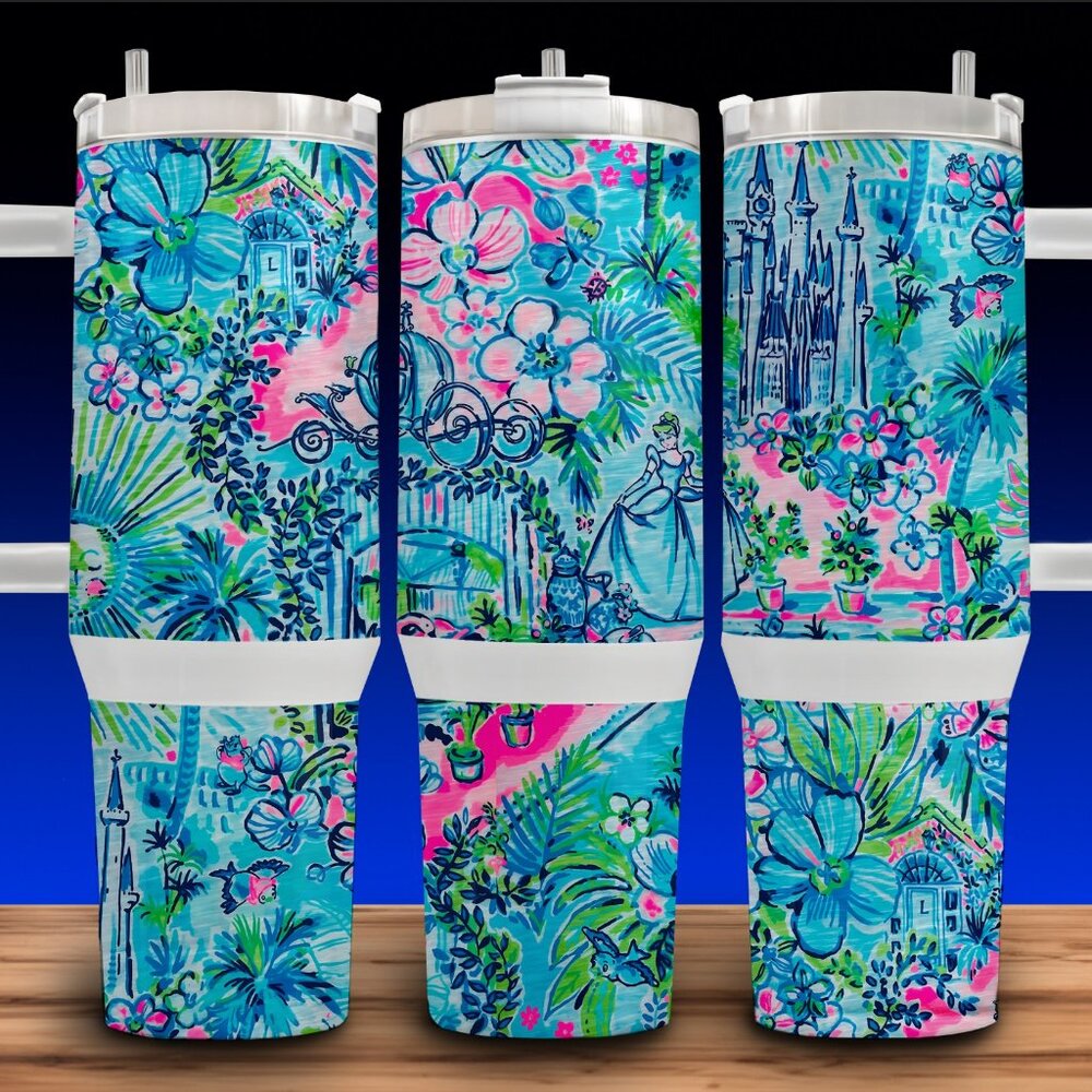 40oz Lilly P Cinderella with Castle Floral Cup Mug Tumbler Stainless Steel